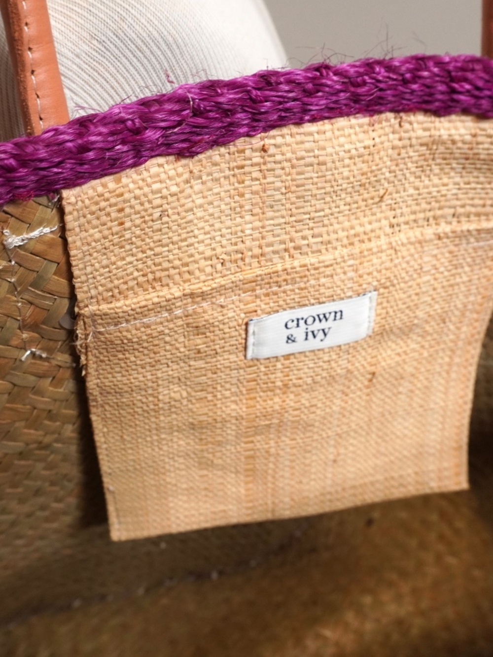 Crown & Ivy striped straw tote featuring pink and beige woven material with brow - Picture 5 of 6